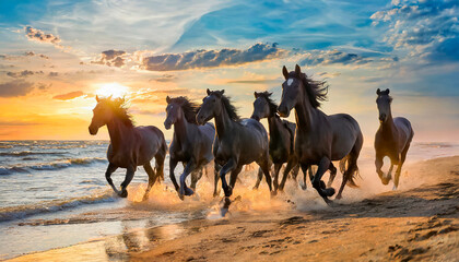 manada de caballos negros galopando por la orilla del mar a la puesta del sol - obrazy, fototapety, plakaty