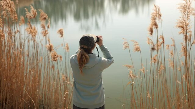 Woman explorer with binoculars watching birds and animals at lake. Ornithology. Handheld video