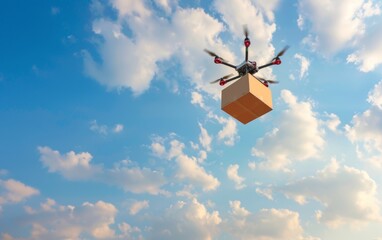 An image capturing the concept of drone package delivery with a clear sky in the background, symbolizing the advancement in automated shipping and aerial transport technologies.
