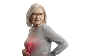 Studio portrait of old mature Caucasian Americana woman that holding back in pain,highlight pain pot, isolated on transparent png background