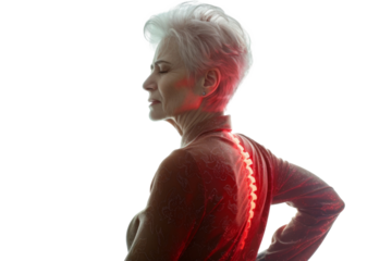 Studio portrait of old mature Caucasian Americana woman that holding back in pain,highlight pain pot, isolated on transparent png background
