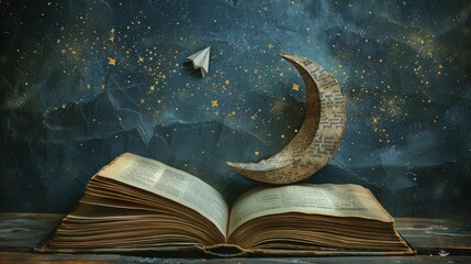 A paper airplane soared gracefully from the pages of an open book towards a moon composed of poetic quotes in the enchanting night sky, embodying a whimsical journey of imagination. - obrazy, fototapety, plakaty