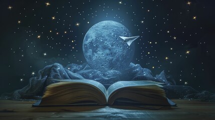Paper airplane flying from an open book towards a moon made of quotes, on a dreamy night background, journey of imagination.
