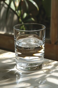 A lone glass of water, a subtle ripple hinting at tranquility, set against a flawless backdrop, embodies simplicity and purity.