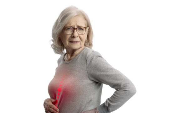 Studio portrait of old mature Caucasian Americana woman that holding back in pain,highlight pain pot, isolated on transparent png background