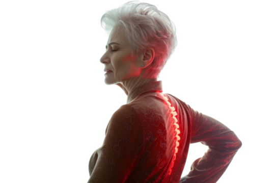 Studio portrait of old mature Caucasian Americana woman that holding back in pain,highlight pain pot, isolated on transparent png background