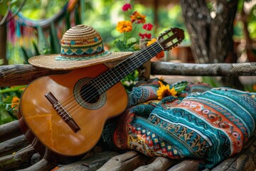 A classic guitar and woven hat resting on a bohemian-style blanket evoke feelings of music, culture, and relaxed boho vibes - Powered by Adobe