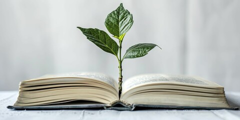 A solitary plant emerges elegantly from a book, against a pristine white backdrop, symbolizing the blossoming of knowledge.