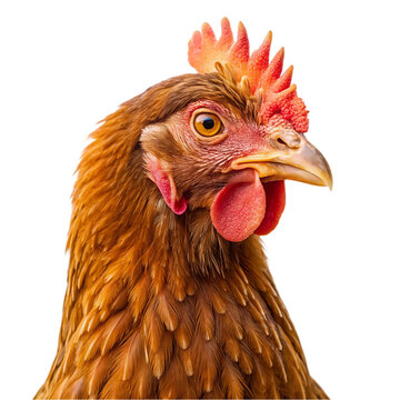 Portrait of brown chicken isolated on transparent background.