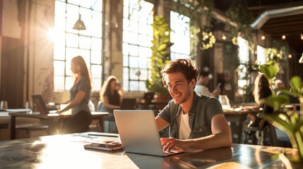 Smiling young man using laptop in sunlit coworking space. Casual modern freelance lifestyle concept