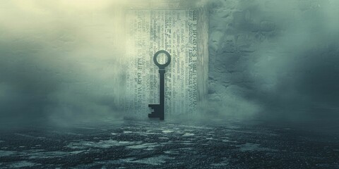 Subtle image of a key unlocking a door made of words, on a soft, light background, key to knowledge - obrazy, fototapety, plakaty