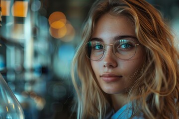 Fototapeta na wymiar Thoughtful young woman with round glasses in a modern laboratory environment