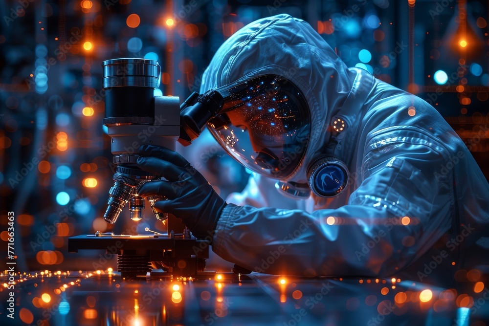 Poster image depicts a scientist in protective gear intensely focusing on a sample under a microscope in a 