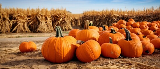 A cluster of pumpkins, a type of squash, rests on the ground in a natural landscape surrounded by grass in an ecoregion. Pumpkins are a staple food and considered a natural food source