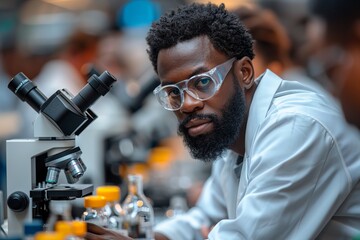 Fototapeta na wymiar A focused male scientist with beard and glasses using a microscope in a laboratory setting