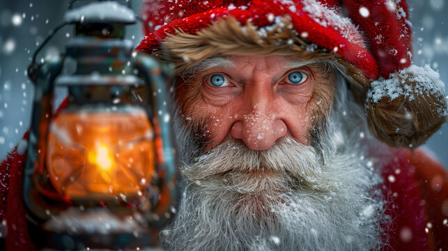 Portrait of a man dressed as Santa Claus holding a lantern in a snowy setting, with a focus on his expressive blue eyes.