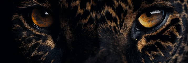 Poster Intense gaze of a black panther in close-up, capturing the wild essence, mesmerizing amber eyes, which stand out against its dark fur, exuding a sense of primal power and grace © kiddsgn