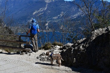 Mann und sein Lagotto Romagnolo Hund bewundern den Ausblick nach Riva del Garda oberhalb des...