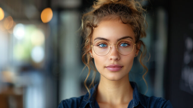 Portrait of a young woman with glasses, featuring soft bokeh background, conveying a casual and approachable vibe.