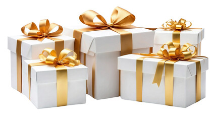 Flat vector illustration of transparent gift boxes with golden ribbons