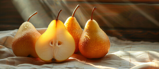 Ripe sweet juicy yellow pears indoor close up. Fruit harvest. Healthy food.