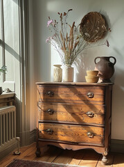 Cozy interior with vintage wooden chest of drawers, ceramic vases, and dried flowers in sunlight.