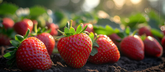 Ripe juicy strawberries in the garden close up. Healthy food, sweet dessert. Red berries.
