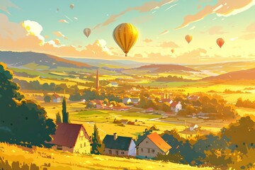 Top view of green landscape and mountain valleys and town and colorful balloons flying in the sky, illustration