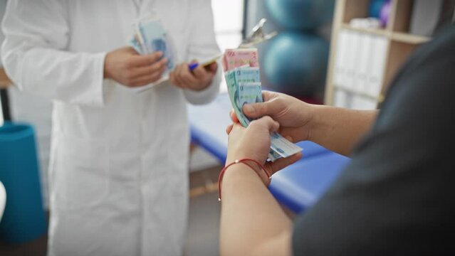 Man handing rmb to doctor in clinic, depicting healthcare payment in an indoor setting.