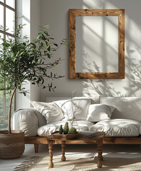 Cozy living room interior with a white sofa, wooden coffee table, and decorative plants in natural light.