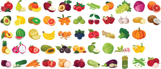 Set of berries and fruits, vegetables on a white background. Vector icon	
