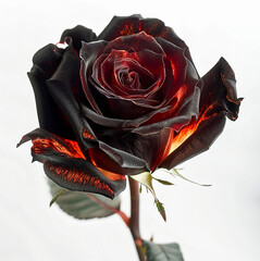 black and red rose, enlightened from inside, dark rose with orange highlights, white background