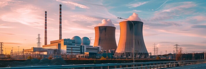 View from afar of a nuclear power plant, operating nuclear reactors against the backdrop of nature, peaceful atom, banner - obrazy, fototapety, plakaty