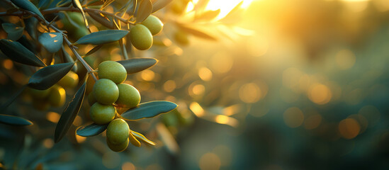 Olive tree branch with green olives close up. Sunlight background.	
 - Powered by Adobe
