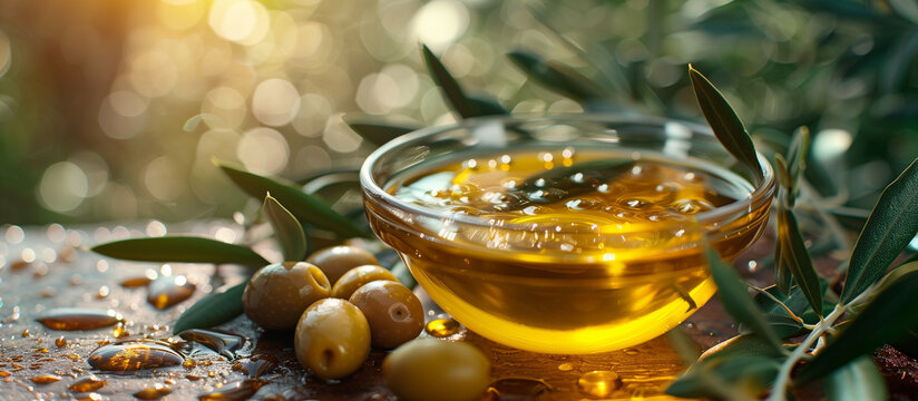 Fresh extra virgin cold pressed olive oil with green olives on background. Sun light. Healthy food ingredient.