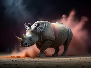 Poster Rhinoceros in the wild kicks up colorful dust. © jozsitoeroe