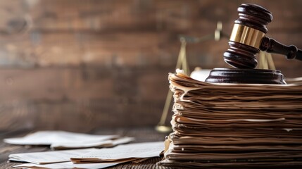 Wooden gavel on top of piled legal folders with brass scales in bokeh. Legal system and justice concept - obrazy, fototapety, plakaty