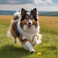 A Sheltie dog runs through a green summer meadow. Walking with a pet