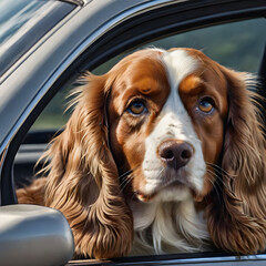 A spaniel dog looks out of the car window. Portrait, close-up, expressive look. Traveling with pets, dog in the car.