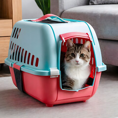 A domestic cat sits in a plastic carrier. The theme of traveling with animals, going to the veterinarian.
