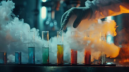 A scientist conducts an experiment by adding a chemical liquid to a test tube as part of scientific research and development. - obrazy, fototapety, plakaty