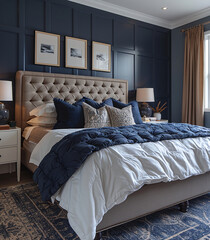 Elegant bedroom interior with a tufted headboard, navy blue bedding, framed wall art, and sophisticated decor.