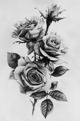 4 roses with leaves hyper realistic black and gray -