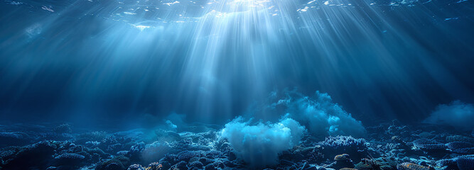Underwater seascape with sunbeams shining through the ocean's surface.