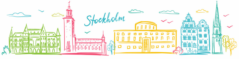 Naklejka premium Sweden, Stockholm. Vector collection of architecture. A set of illustrations of iconic objects drawn by hand in the doodle style