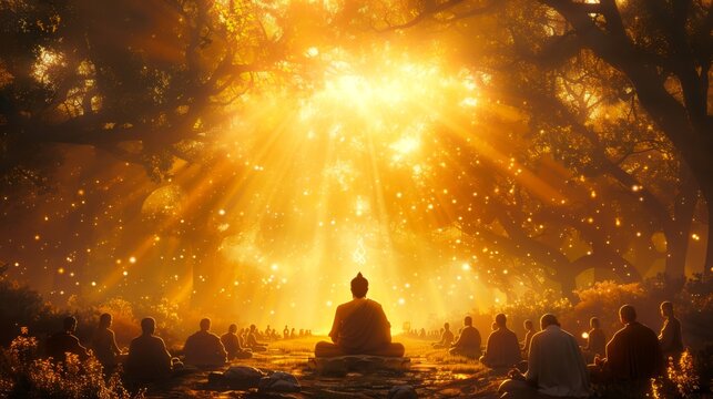 Buddha delivering his first sermon in the Deer Park at Sarnath with radiant beams of light symbolizing enlightenment