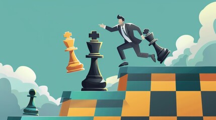 Businessman jumping over chess pieces. Digital illustration of strategy and competition in business - obrazy, fototapety, plakaty