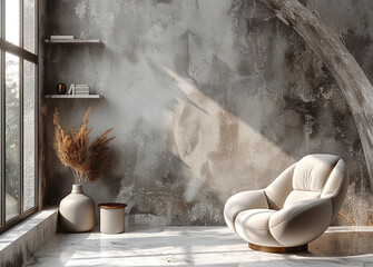 Modern minimalist interior with an armchair, shelves, and decorative vase, natural light casting shadows on concrete wall.