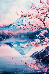A cherry blossom tree with pink flowers in front of Mount Fuji, in the style waterstyle painting. 