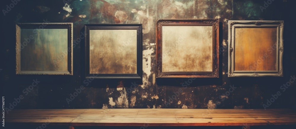 Poster a rectangular wooden table sits in a room with a row of picture frames on the wall, adding charm to 